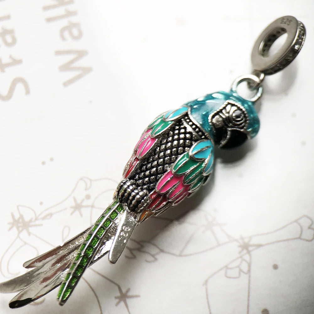 Colorful Striking Parrot Pendant 925 Sterling Silver Dangle Charm Women New Fine Jewelry