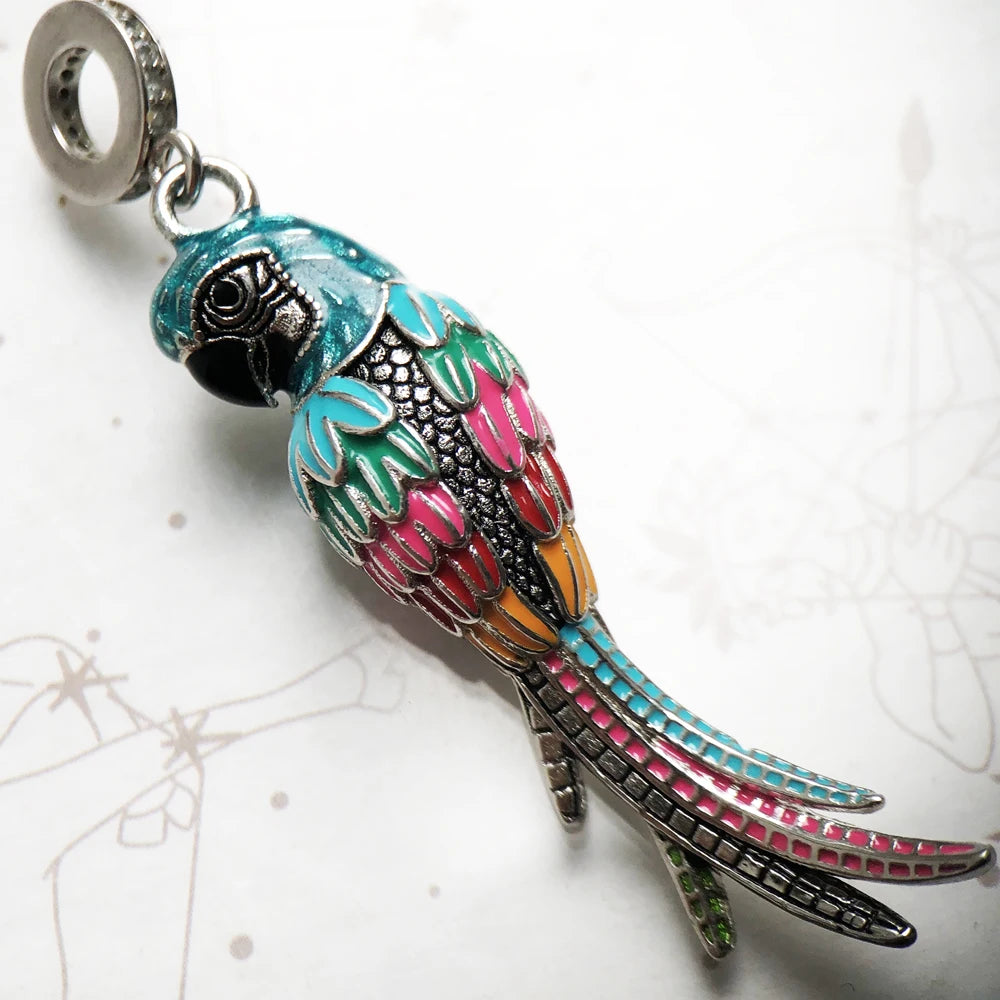 Colorful Striking Parrot Pendant 925 Sterling Silver Dangle Charm Women New Fine Jewelry