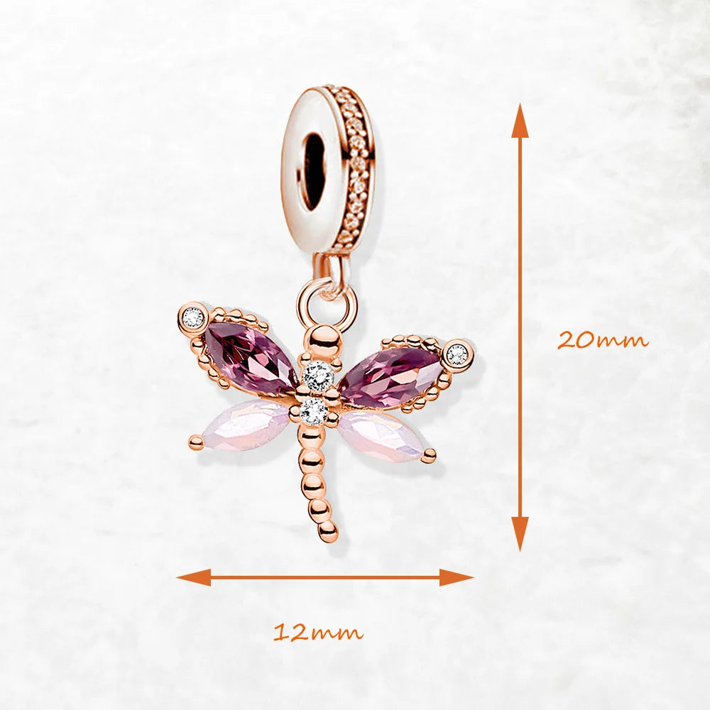 Dragonfly Rose Gold Pendant 925 Sterling Silver Dangle Charm Women Bohemia Fine Jewelry