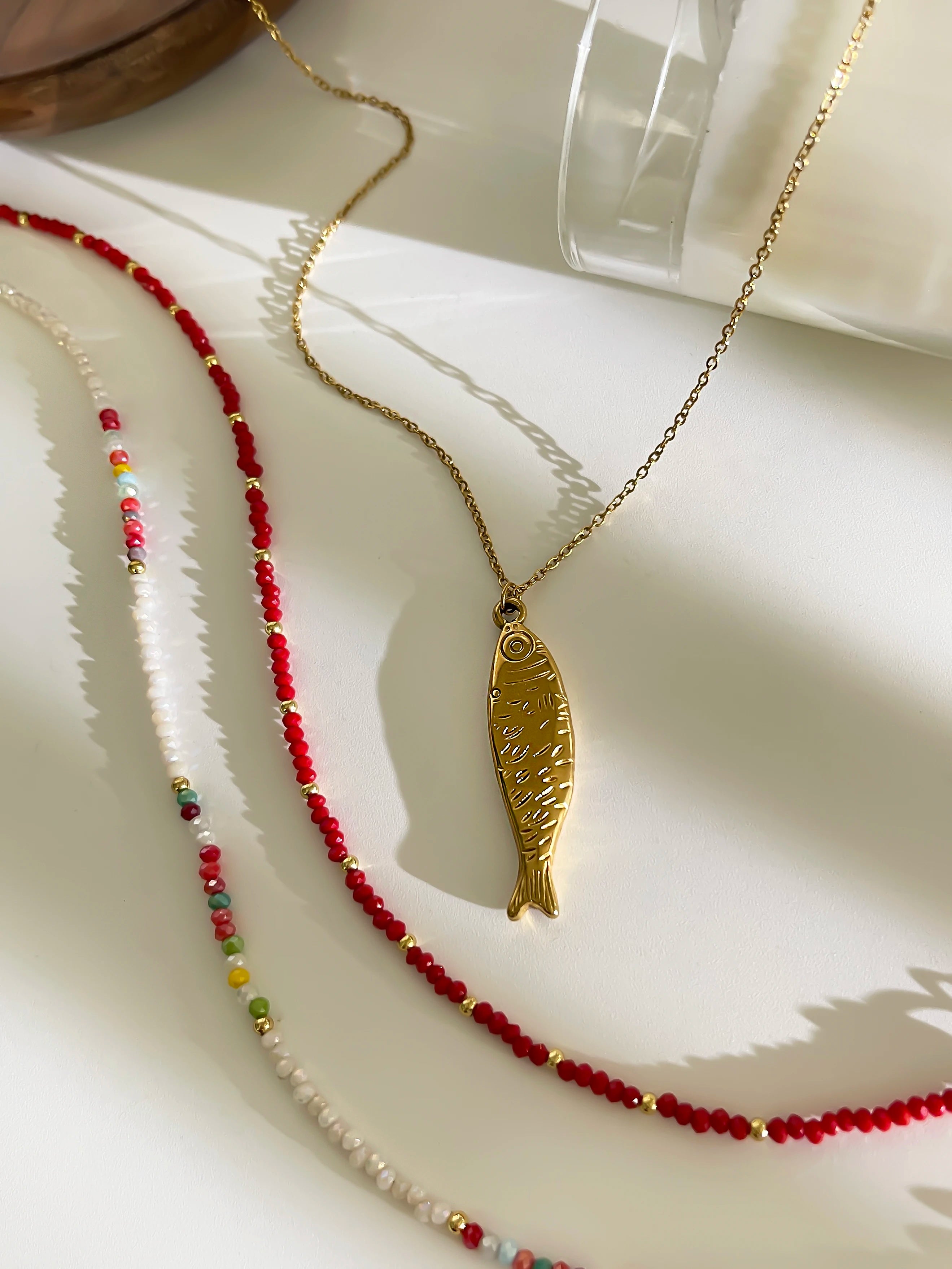 Peri'sbox Boho Colorful Acrylic Beaded Chain for Women 18K Gold Plated Solid Fish Pendant Necklace Waterproof Stackable Jewelry