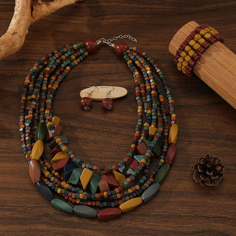 Multi-layer Handmade Wood Beads Necklace Earrings Bracelet Jewelry Set Vintage Color Statement Collar Boho Beads Long Necklace