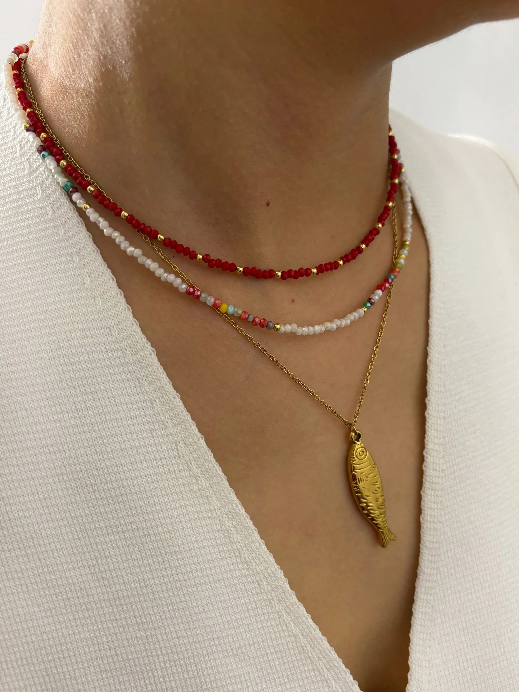 Peri'sbox Boho Colorful Acrylic Beaded Chain for Women 18K Gold Plated Solid Fish Pendant Necklace Waterproof Stackable Jewelry