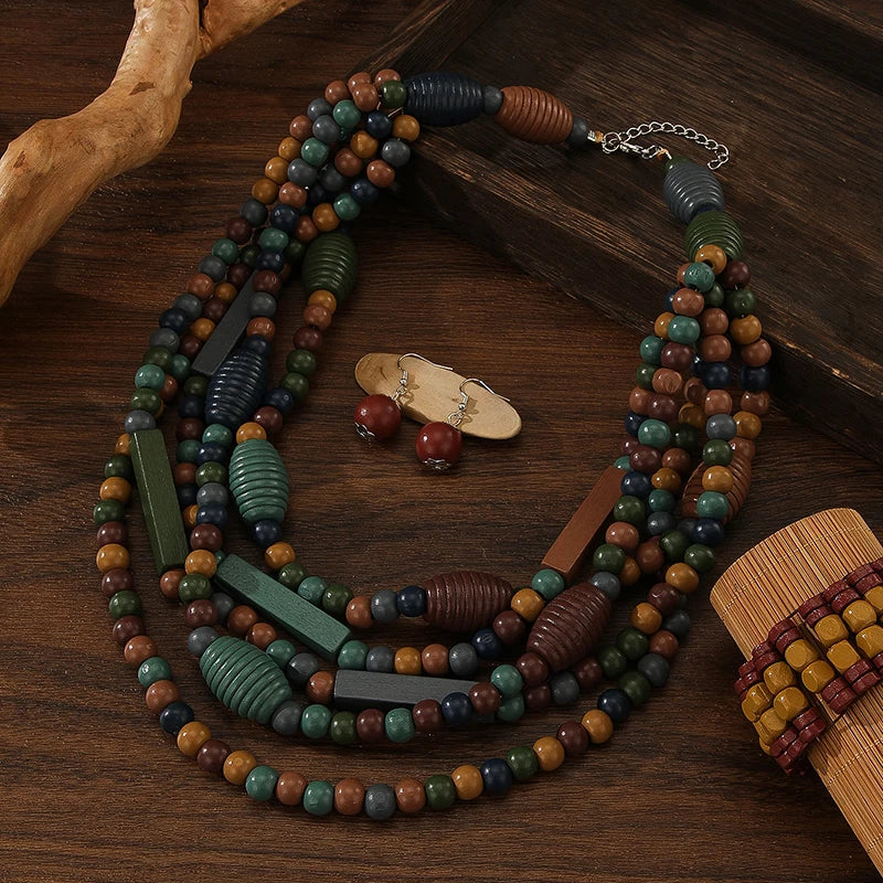 Multi-layer Handmade Wood Beads Necklace Earrings Bracelet Jewelry Set Vintage Color Statement Collar Boho Beads Long Necklace