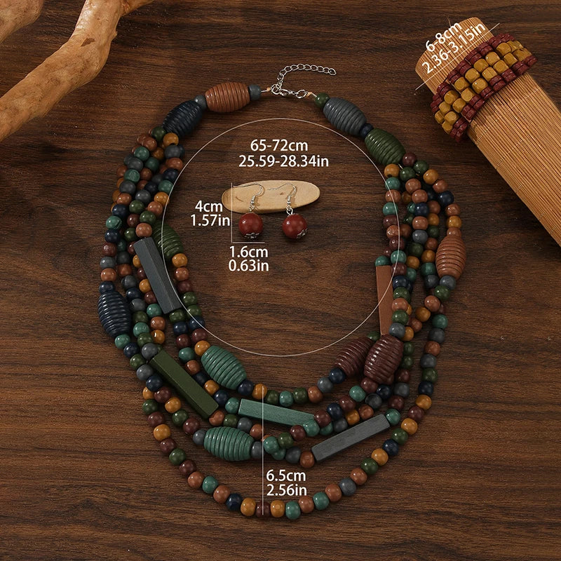 Multi-layer Handmade Wood Beads Necklace Earrings Bracelet Jewelry Set Vintage Color Statement Collar Boho Beads Long Necklace