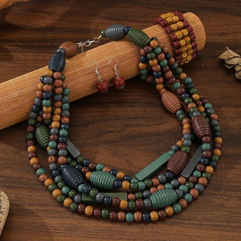 Multi-layer Handmade Wood Beads Necklace Earrings Bracelet Jewelry Set Vintage Color Statement Collar Boho Beads Long Necklace