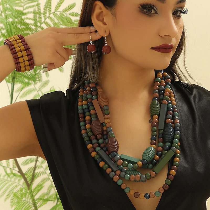 Multi-layer Handmade Wood Beads Necklace Earrings Bracelet Jewelry Set Vintage Color Statement Collar Boho Beads Long Necklace