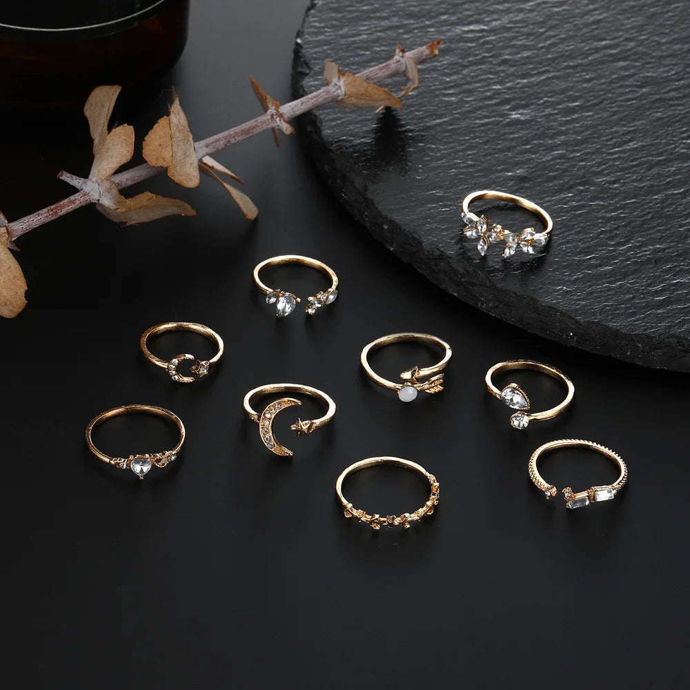 New Boho Gold Color Heart Rings Set For Women Vintage Geometric Cross Pearl Butterfly Finger Ring Female Trendy Jewelry Gifts