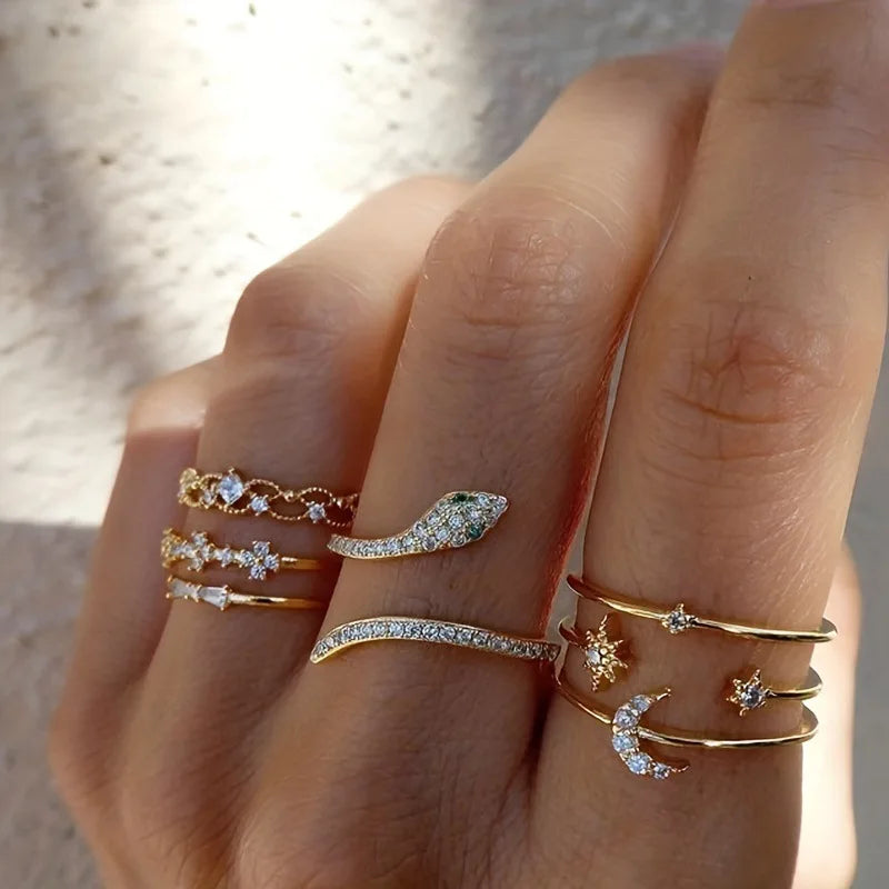 New Boho Gold Color Heart Rings Set For Women Vintage Geometric Cross Pearl Butterfly Finger Ring Female Trendy Jewelry Gifts