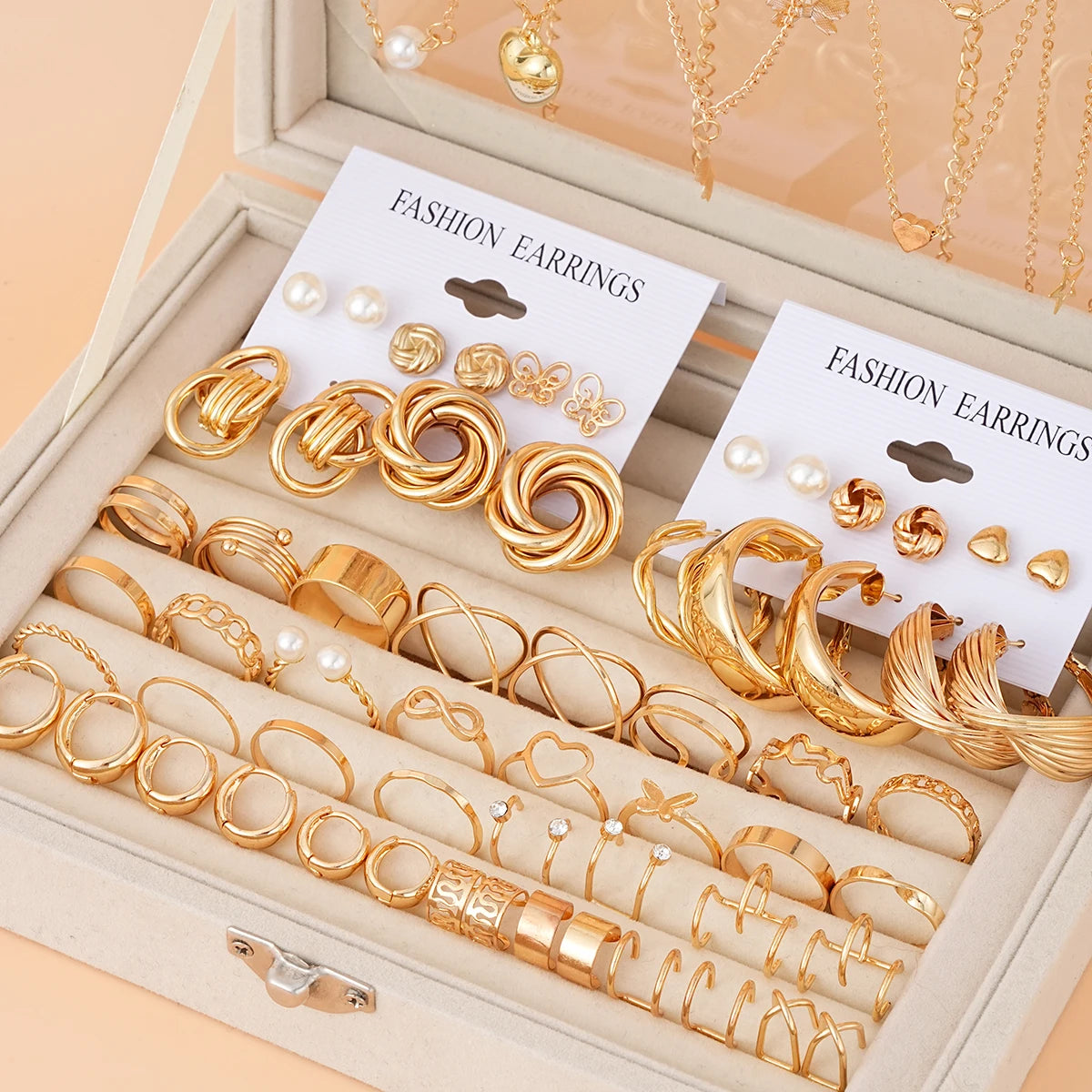 68 Pcs Boho Chic Jewelry Set Vintage Heart Pearl Zircon Butterfly Pendant Earrings Ring Necklace For Women Daily Wear Gifts 2024