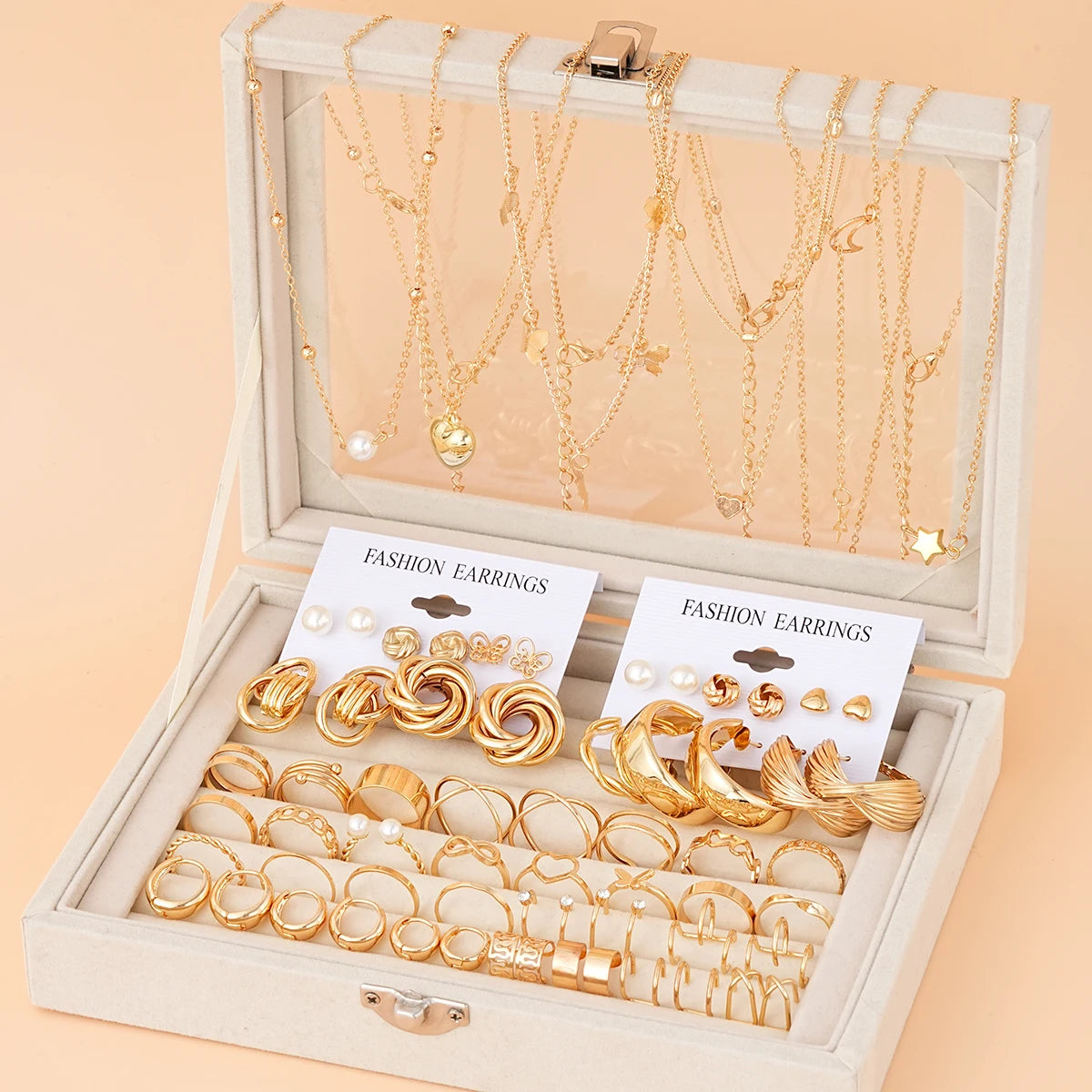 68 Pcs Boho Chic Jewelry Set Vintage Heart Pearl Zircon Butterfly Pendant Earrings Ring Necklace For Women Daily Wear Gifts 2024