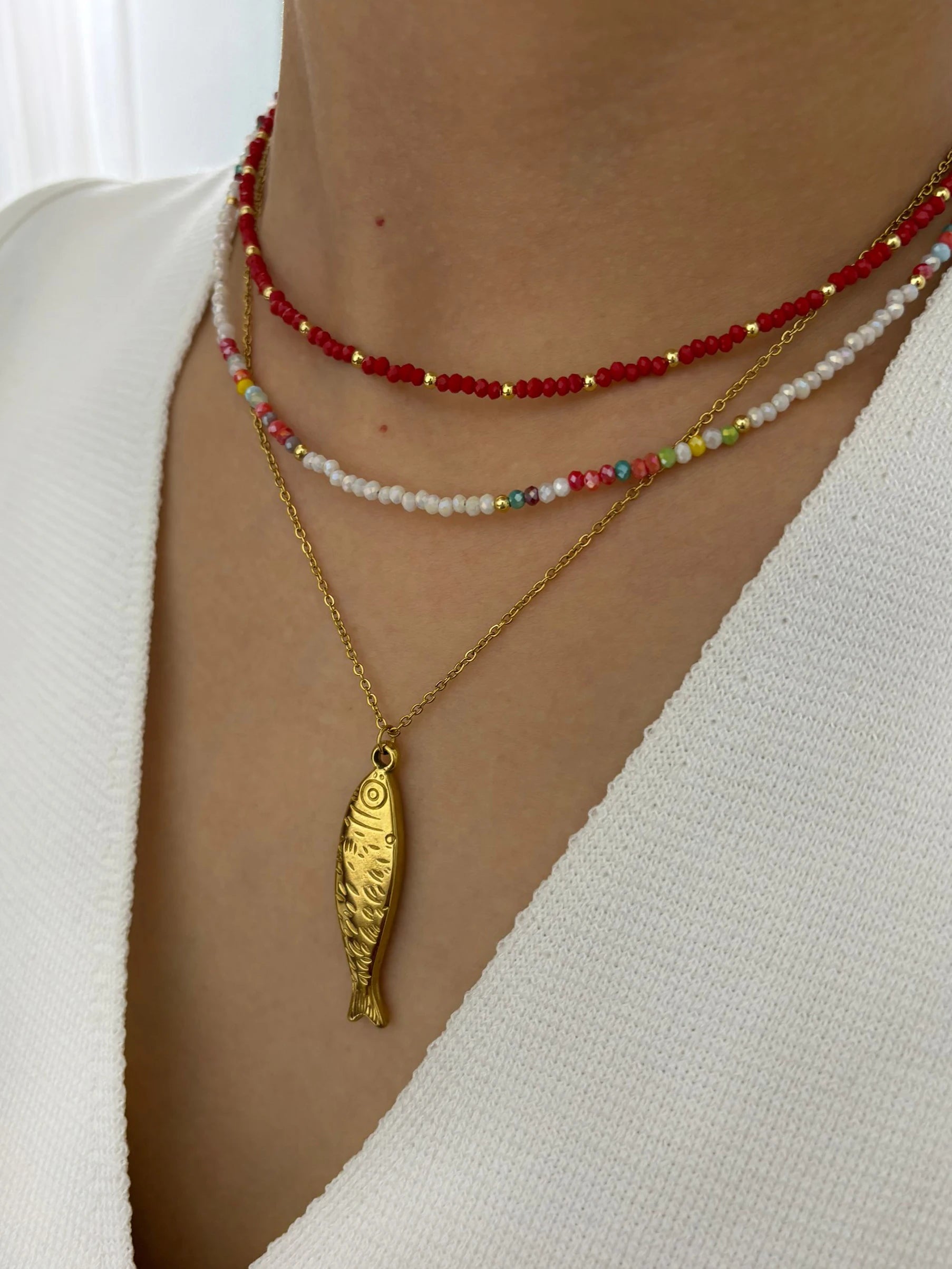 Peri'sbox Boho Colorful Acrylic Beaded Chain for Women 18K Gold Plated Solid Fish Pendant Necklace Waterproof Stackable Jewelry