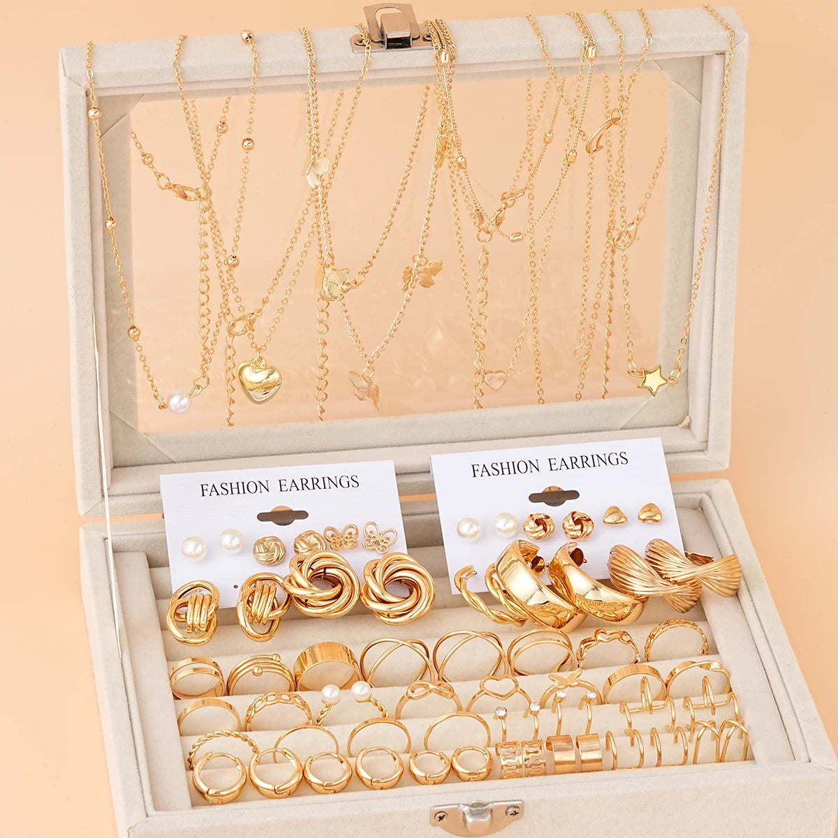 68 Pcs Boho Chic Jewelry Set Vintage Heart Pearl Zircon Butterfly Pendant Earrings Ring Necklace For Women Daily Wear Gifts 2024