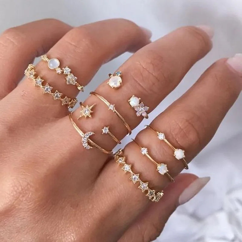 New Boho Gold Color Heart Rings Set For Women Vintage Geometric Cross Pearl Butterfly Finger Ring Female Trendy Jewelry Gifts