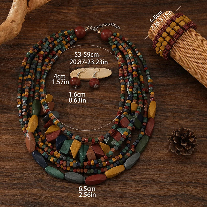 Multi-layer Handmade Wood Beads Necklace Earrings Bracelet Jewelry Set Vintage Color Statement Collar Boho Beads Long Necklace