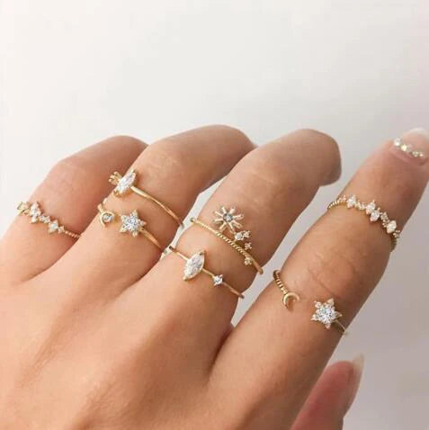 New Boho Gold Color Heart Rings Set For Women Vintage Geometric Cross Pearl Butterfly Finger Ring Female Trendy Jewelry Gifts