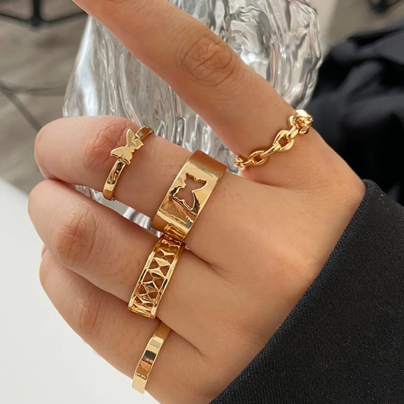 New Boho Gold Color Heart Rings Set For Women Vintage Geometric Cross Pearl Butterfly Finger Ring Female Trendy Jewelry Gifts