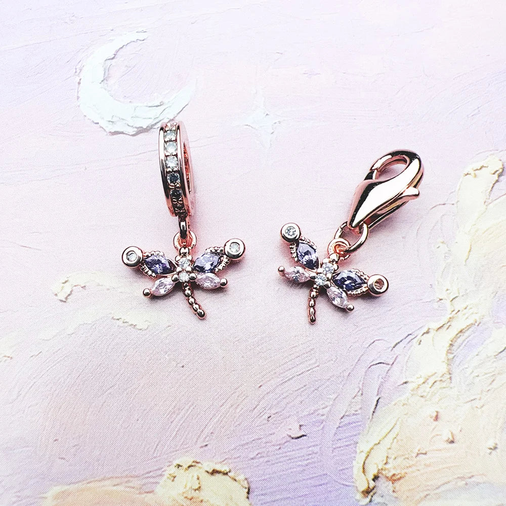 Dragonfly Rose Gold Pendant 925 Sterling Silver Dangle Charm Women Bohemia Fine Jewelry