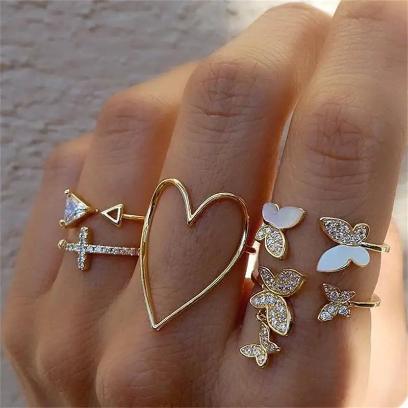 New Boho Gold Color Heart Rings Set For Women Vintage Geometric Cross Pearl Butterfly Finger Ring Female Trendy Jewelry Gifts