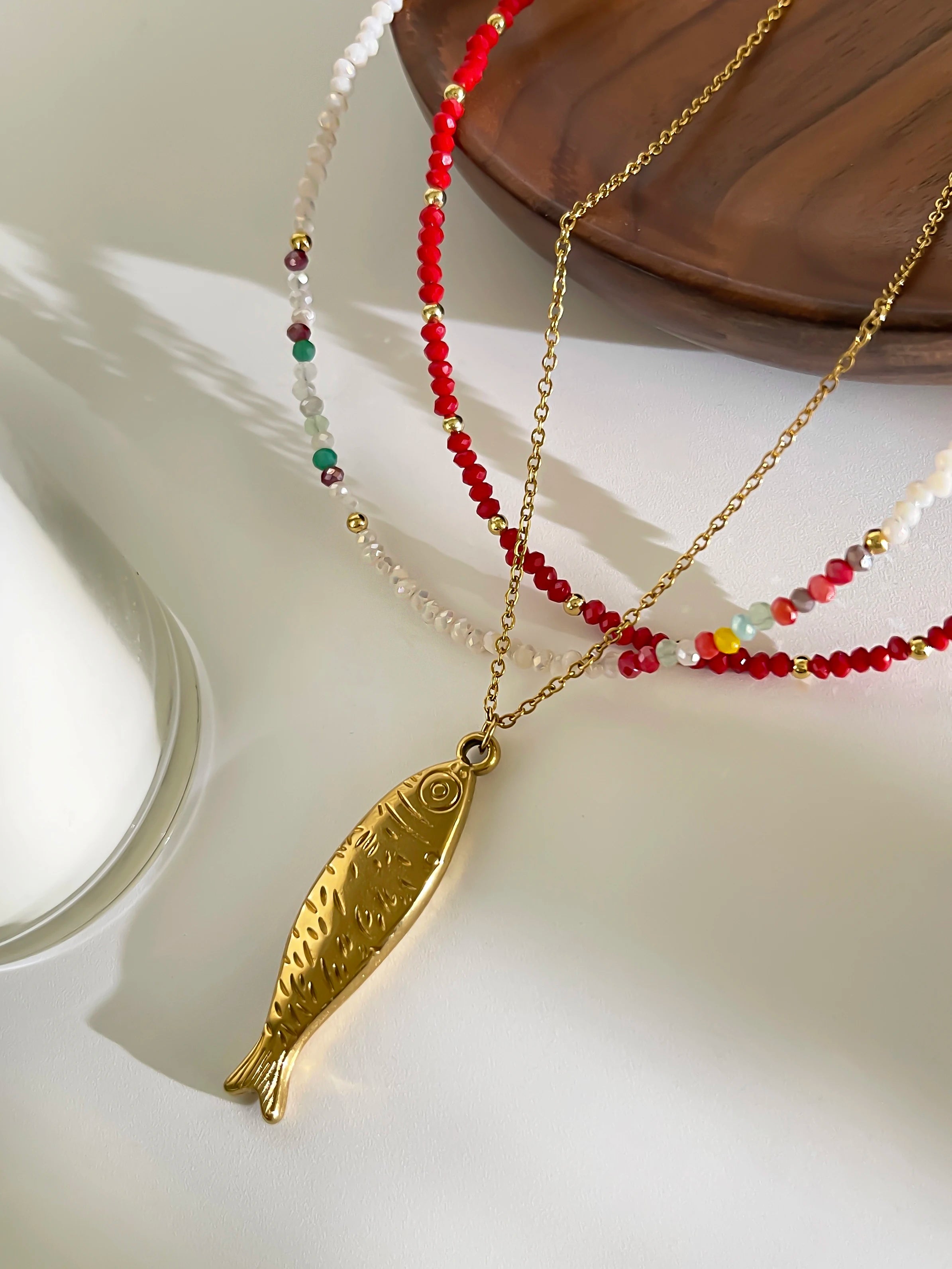 Peri'sbox Boho Colorful Acrylic Beaded Chain for Women 18K Gold Plated Solid Fish Pendant Necklace Waterproof Stackable Jewelry